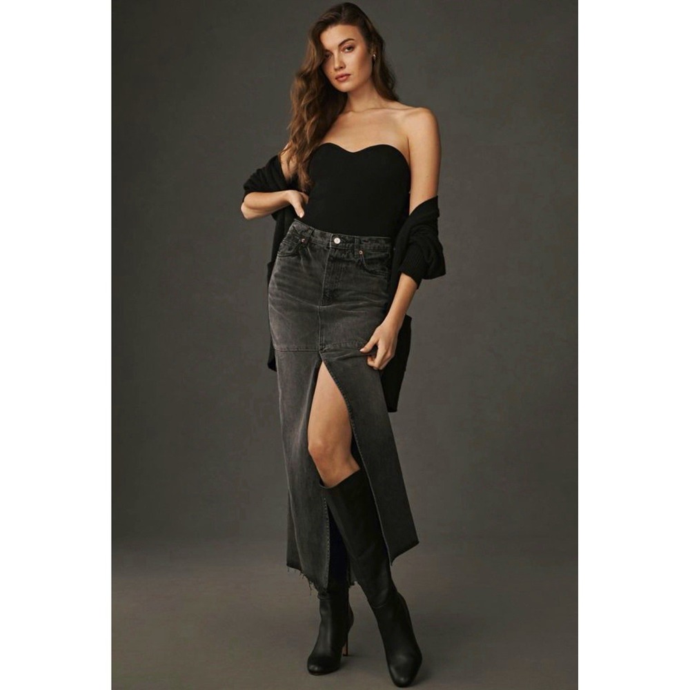 Reformation Tazz Maxi Denim Skirt Womens 28 Black Charcoal Front Slit Raw Hem